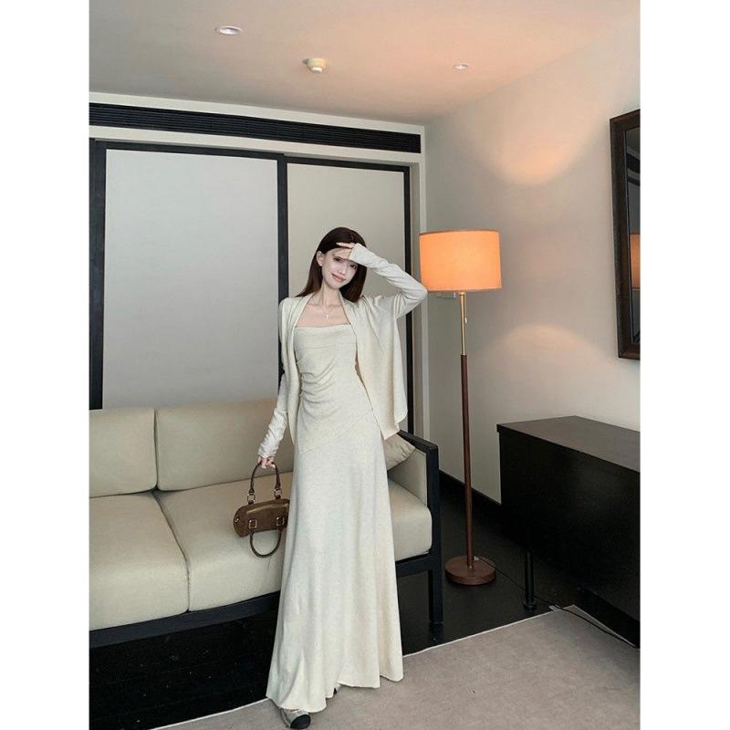 Autumn 2025 Women's Trendy Cardigan Set: Strapless Pleated Vest, Long-Sleeved Jacket, High-Waisted Skirt