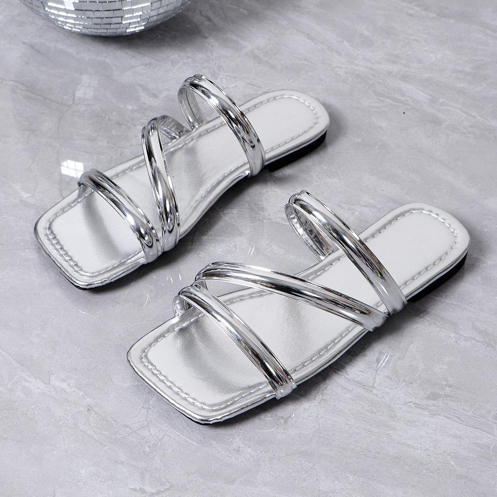 Summer Sandals for Women Flat Sandal Sparkle Rhinestone Slide Trendy Women's Beach Sparkly Dressy Slip On Bling Casual Shoes