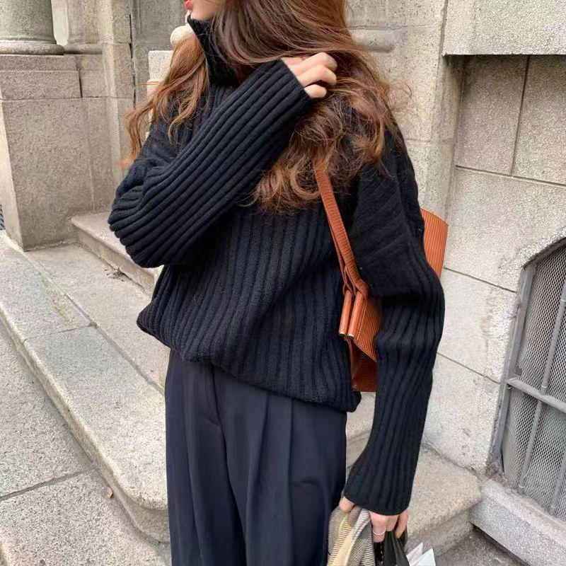 Women's Thick Ribbed Wool Turtleneck Sweater - Loose, Versatile Knit Top