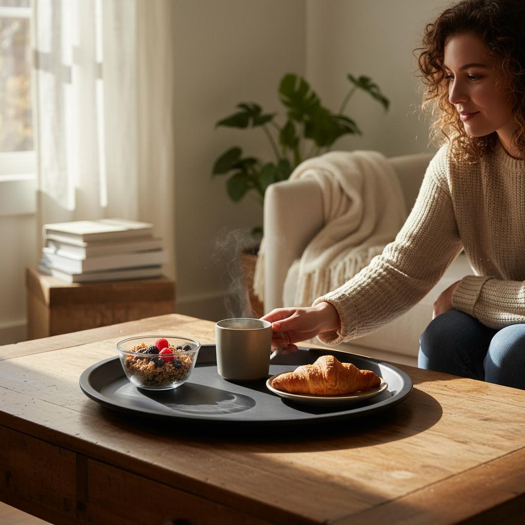 ANTI-SLIP BLACK ROUND KITCHEN SERVING TRAY 36 cm
