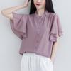 Литературный летний свободный воротник-стойка однотонная рубашка с коротким рукавом женская мода летящий рукав блузка топ