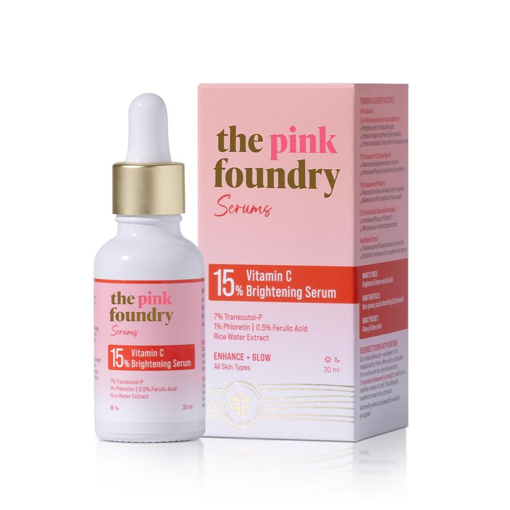 The Pink Foundry Осветляющая сыворотка для лица с 15% витамином С | для сияющей кожи | Улучшает тусклую кожу с 7% Transcutol-P, флоретином и рисовой водой | Легкая
