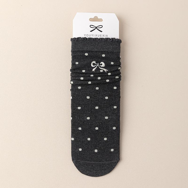 Female Spring and Autumn Bow Wood Ear Lace Polka Dot Boneless Drum Pile Cotton Socks