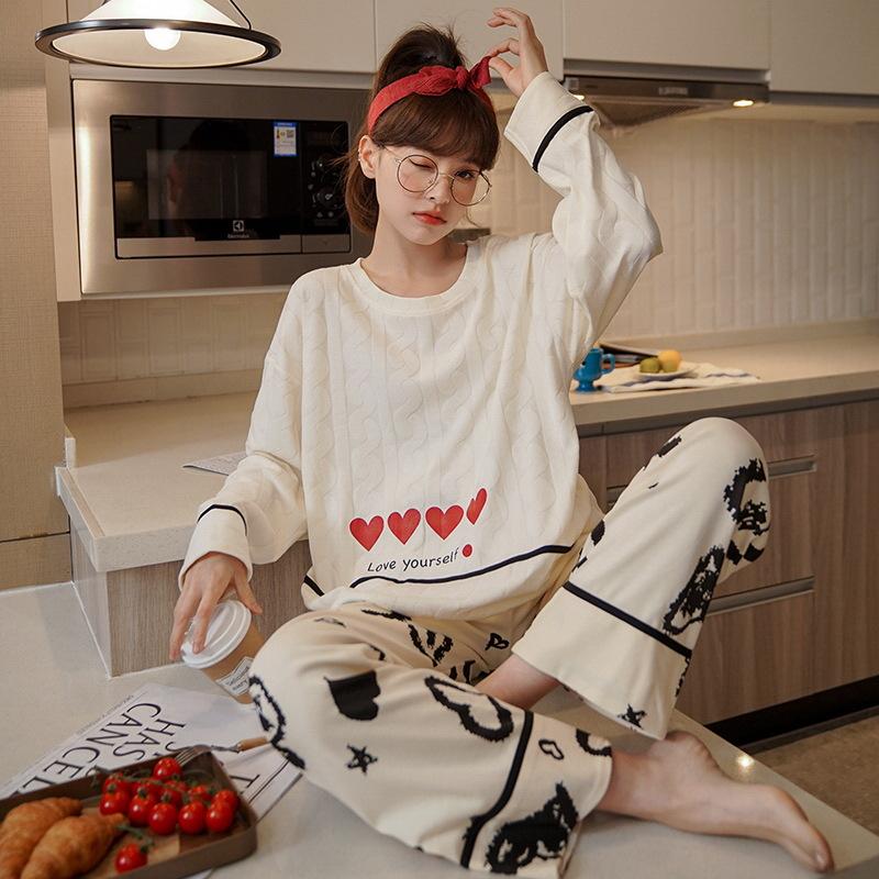 Пижамы с принтом, комплект из двух предметов, студенческий корейский, свободный, повседневный, с круглым вырезом, с длинными рукавами, весенне-осенний, сладкий, негабаритный, шикарный тренд