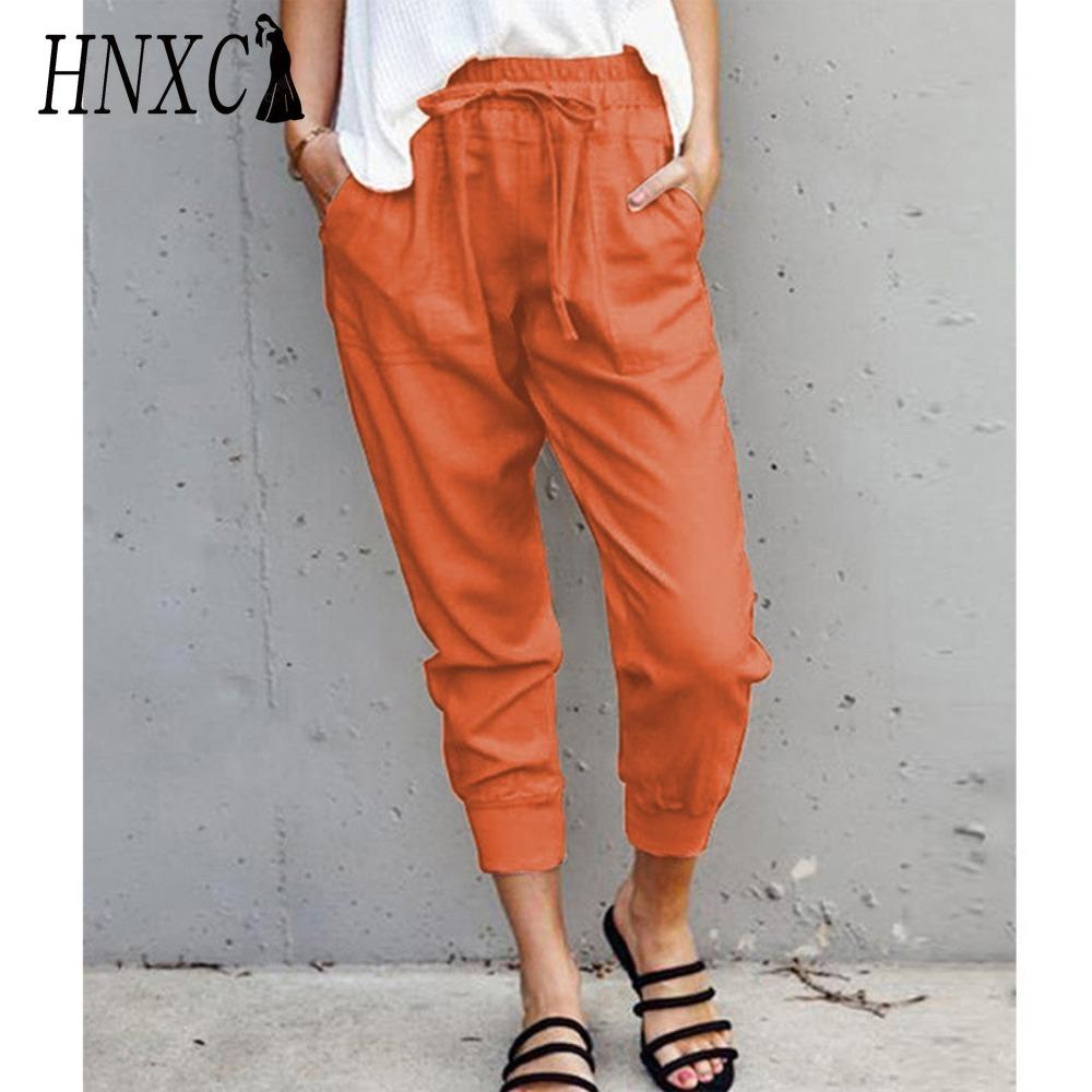 HNXC Летние женские свободные брюки большого размера однотонные простые на шнуровке прилегающие повседневные брюки-капри