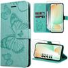 Case - Booling - for Samsung Galaxy S24 FE - Butterfly Pattern - Synthetic Leather - Green - 2 Tempered Glass