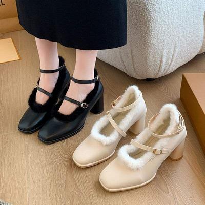 Осень и зима бархатные французские феи пряжка на одном слове высокие каблуки женские толстый каблук туфли для подружки невесты средний каблук пушистые Мэри Джейн одинарные туфли