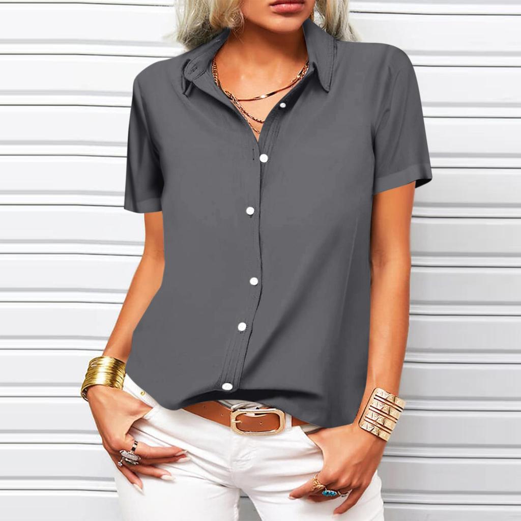 Women's Fashion Casual Short Sleeve Solid Color Buttons Lapel Shirt Top Blouse