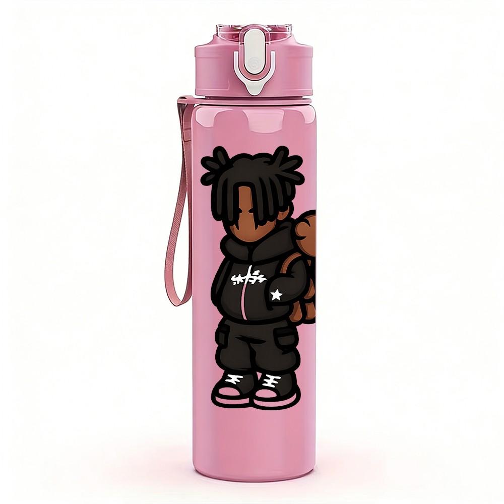 1PC Black Boy Street Hip Hop Character Print 750ml Color Plastic Sports Water Bottle Leakproof Flip Straw Lid Suitable for Sports Office Home Use