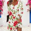 Women Plus Size V Neck Long Sleeve Floral Printed White A Line Dress