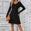 Women Spring Autumn Long Sleeve V Neck Button Above Knee Length One Piece Dress