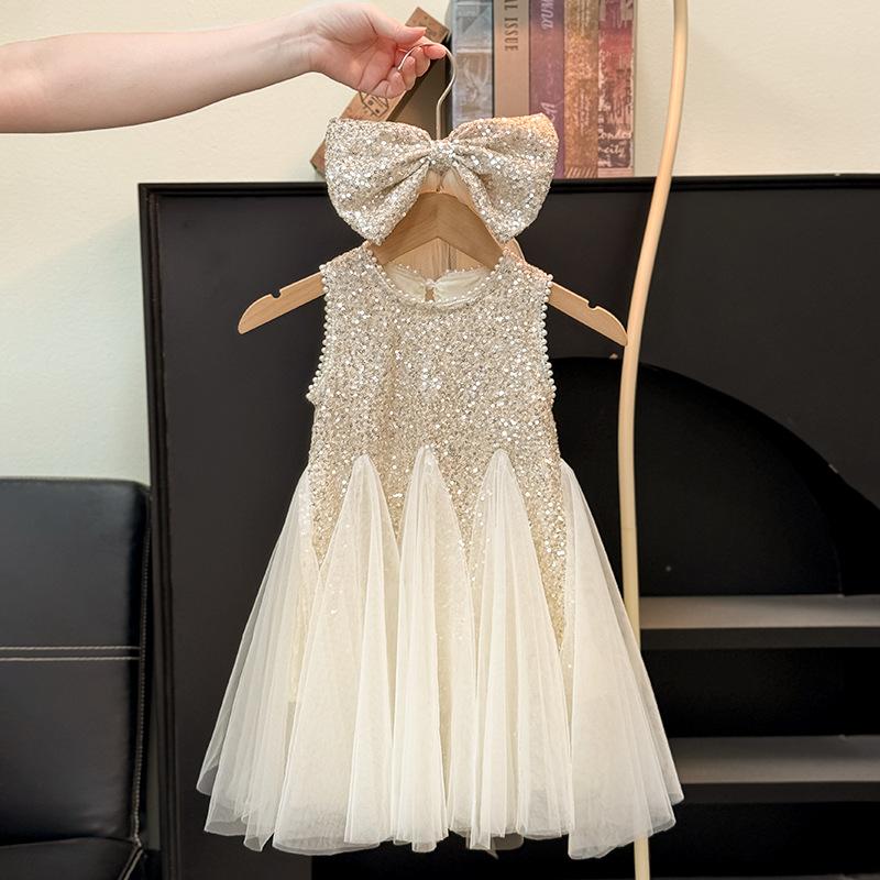 Летнее платье принцессы с пайетками для девочек, детское нарядное платье