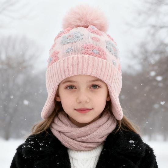 Детская шерстяная шапка с меховым помпоном, украшениями в виде маленьких цветочков, защитой ушей, утолщенной плюшевой подкладкой, вязаная шапка