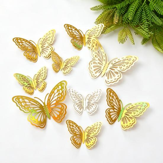Yousheng 12 Pcs 3D Butterfly Wall Decor 3 Sizes Metallic Hollow Butterfly Decal for Birthday Party Cake Decoration Removable DIY Wall Art Mural for