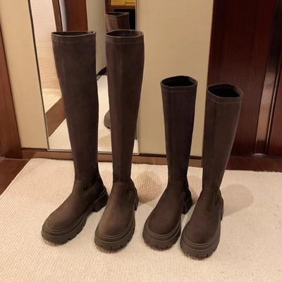 Коровья кожа~ Сапоги Женские на толстой подошве Маленькие облегающие сапоги-рыцари Эластичная замша Сапоги выше колена