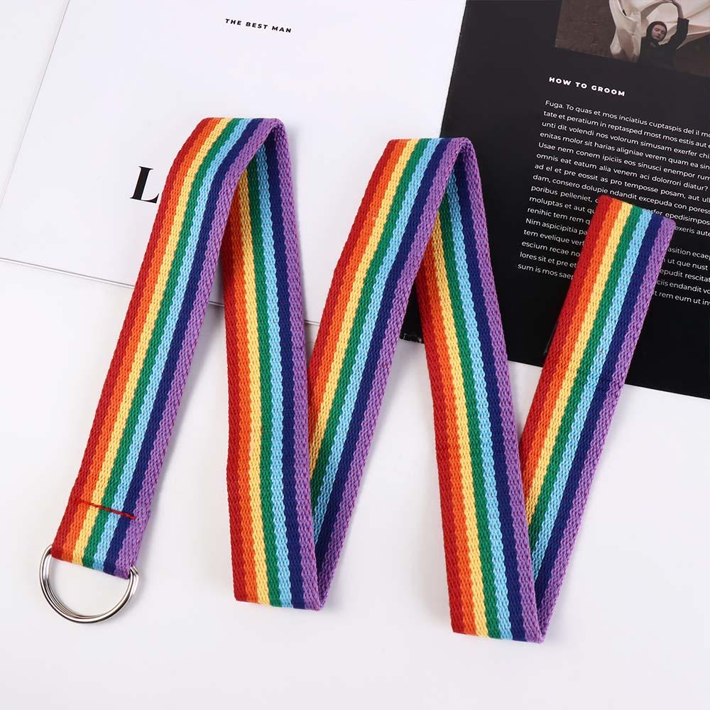 D-shaped Buckle Rainbow Canvas Belt Long Canvas Waist Belt Retro Men Belt For Jeans