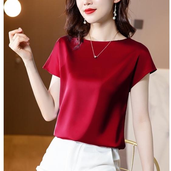 Женская атласная блузка, элитная модная шелковистая футболка с коротким рукавом, повседневные топы