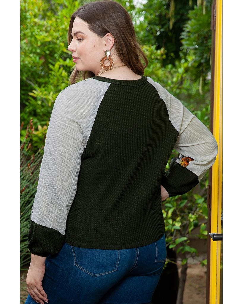 Azura Exchange Green Plus Size Floral Raglan Colorblock Patchwork Knit Blouse