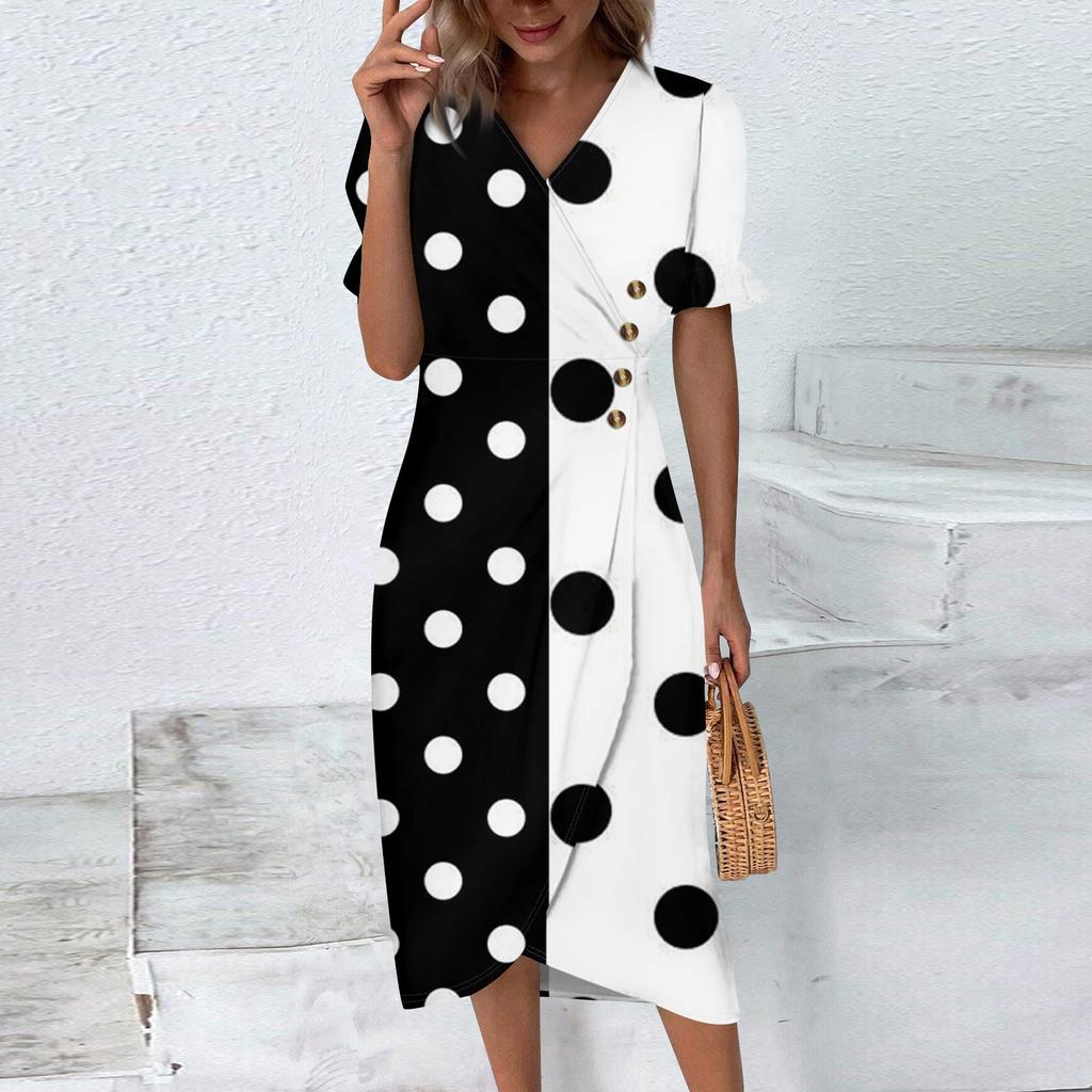 Женская пляжная юбка Элегантное весенне-летнее платье с v-образным вырезом и принтом в горошек Плиссированная длинная юбка