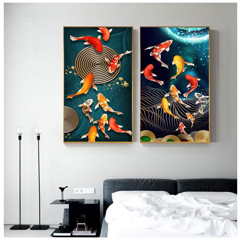 Китайский стиль золотой кои холст картина настенное искусство фэн-шуй рыба печать плакатов карп лотос пруд картина комната Hoom Декор Куадрос без рамки