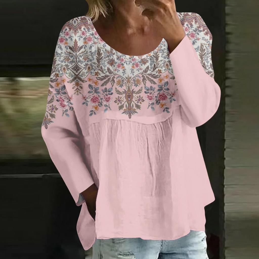 Women's Casual Fashion Loose Round Neck Floral Print Long Sleeve Top