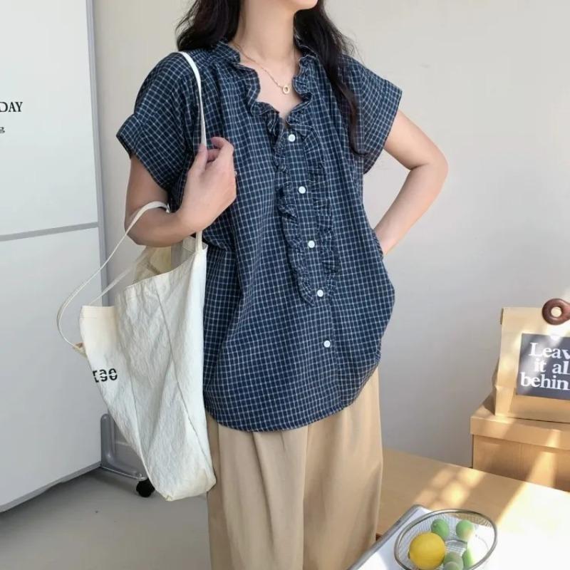 Женская клетчатая блузка темно-синего цвета с оборками, V-образным вырезом, коротким рукавом, свободного кроя, повседневный топ