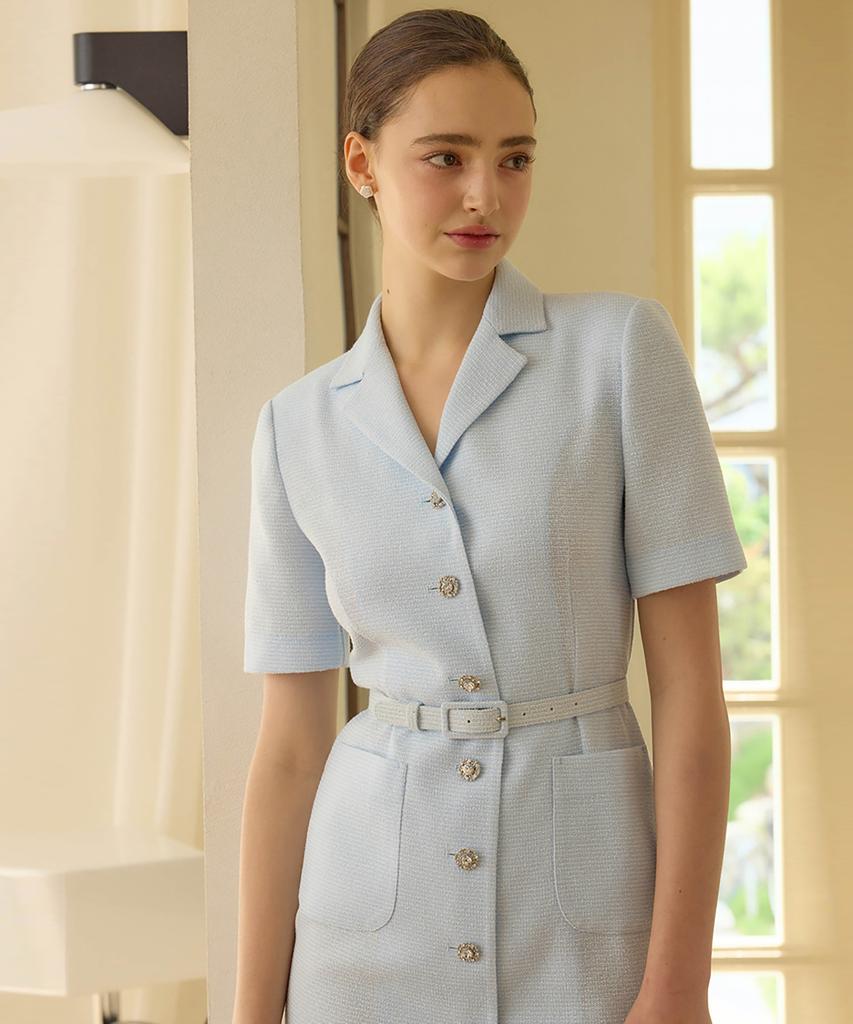 Julie And Kara 25Hs Collar 120 Terroir Line Queen Long Tweed Dress Sky Blue