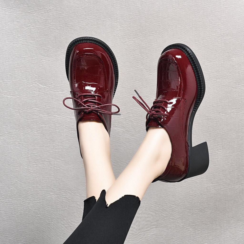 Women's Single Shoes Cow Patent Leather Thick Heel Small Leather Shoes Spring New Lace-up Medium Heel Women's Shoes