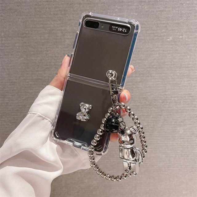 Симпатичный кожаный браслет-цепочка с бусинами, медведем и цветком, чехол для телефона для Samsung Galaxy Z Flip 4 Z Flip 3, прозрачный противоударный Z-откидной чехол Para