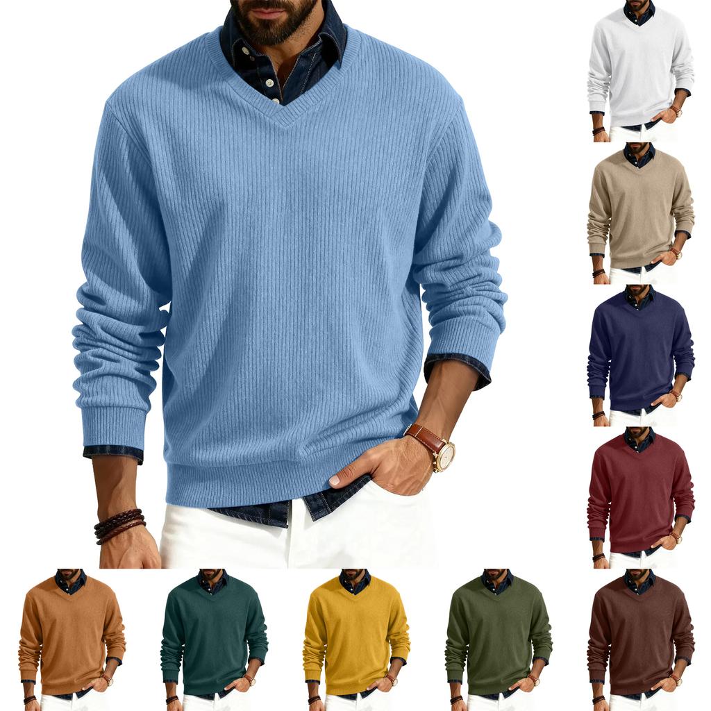 Men's V-neck Long-sleeved Ribbed Knit Pullover