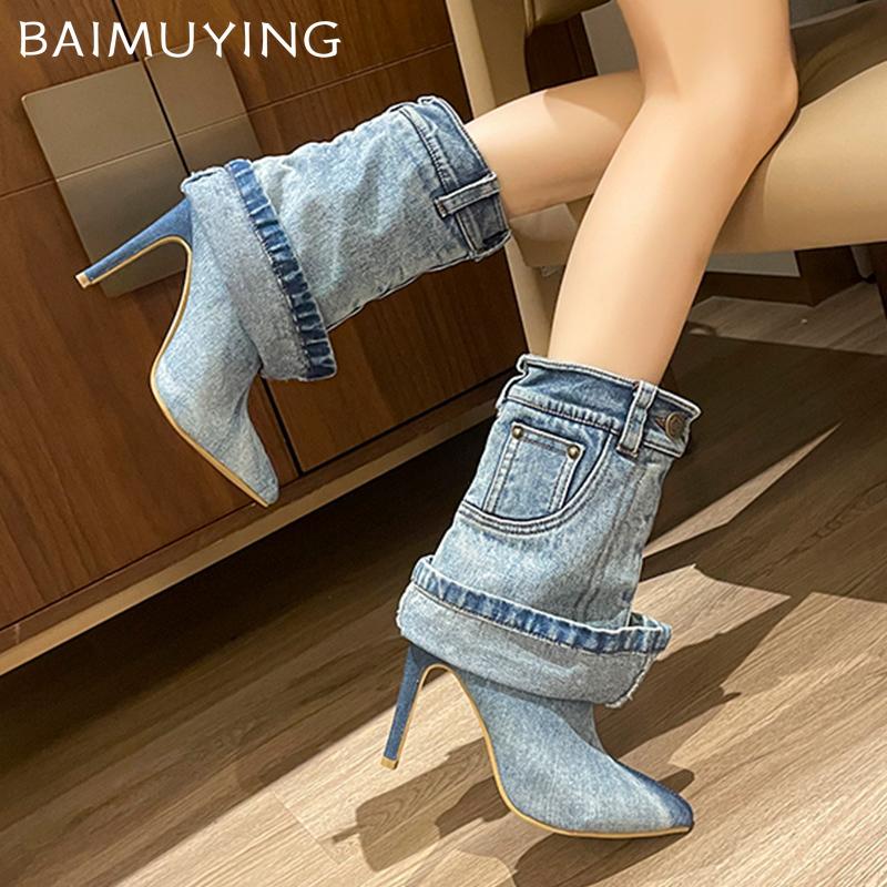 Cowboy Pointed Toe Women Mid Calf Boots Fashion High Heels Sexy Shoes Designer Winter New Botas 2025 Trend Pumps Botas De Mujer