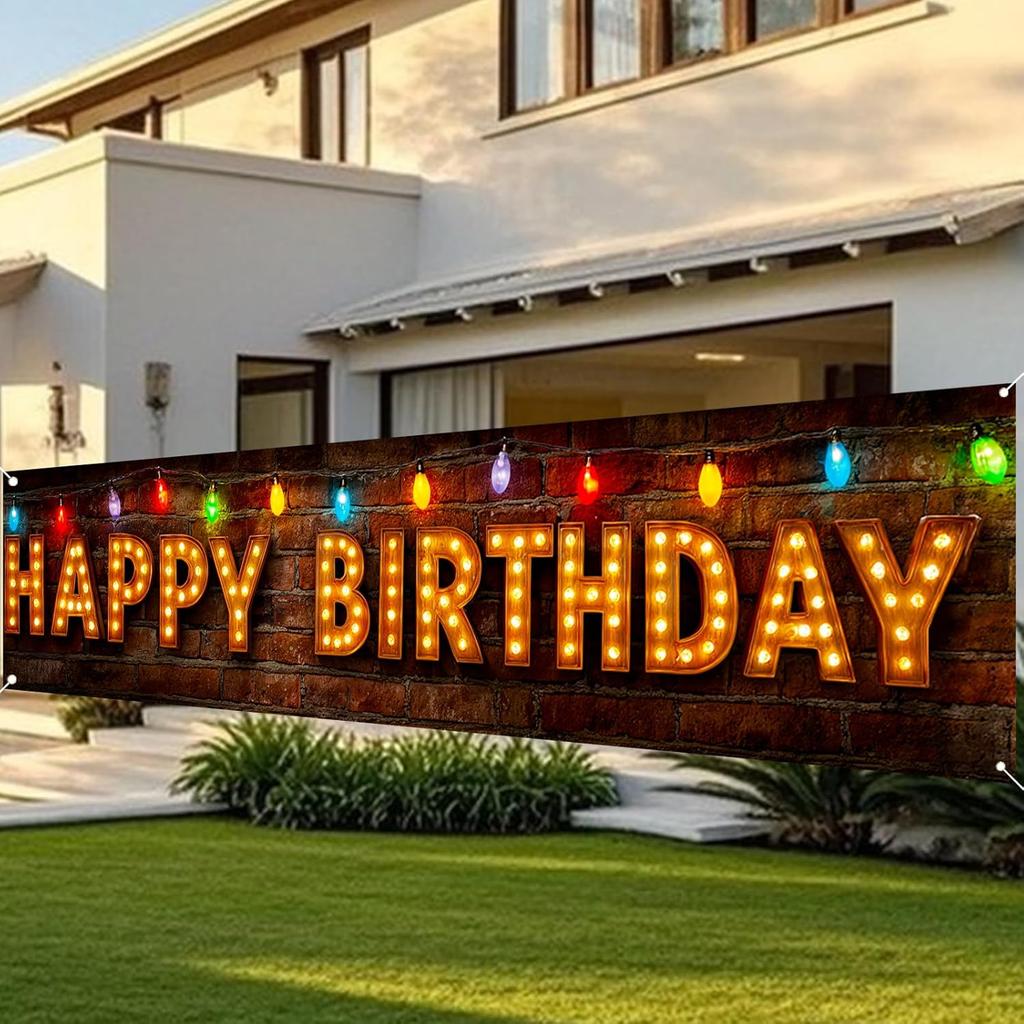 Nuxovilar Happy Birthday Yard Banner - 78.7x17.7 Inch Brick Wall with Colorful String Lights,Happy Birthday Yard Design, Outdoor/Indoor Giant