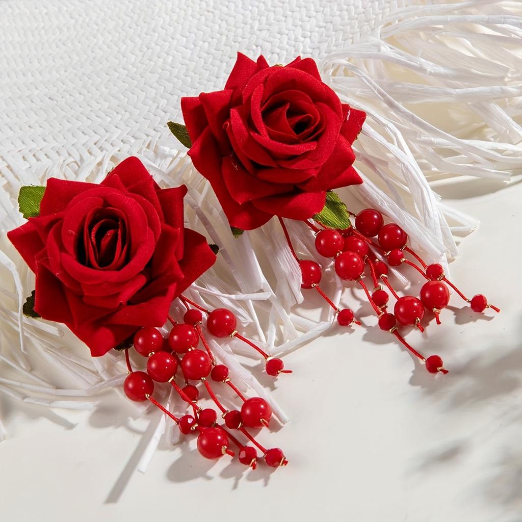 Винтажные серьги-подвески с красными розами и бисером - Полиэфирное волокно, Идеально для вечеринок и подарков
