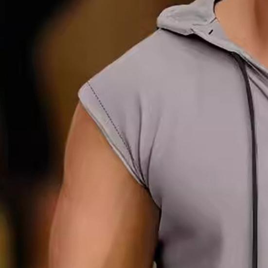 Men Vest Hooded Drawstring Sleeveless Tops Solid Color T-Shirt with Wide Shoulder