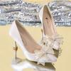Fashion Rimocy Rhinestone Bowtie Pointed Toe Women's Pumps 2024 New Spring Satin Bridal Wedding Shoes Shallow Woman Pumps Stiletto Red