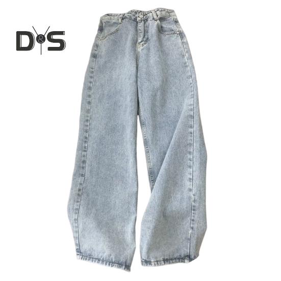 Women Jeans Straight Wide Leg High Waist Solid Color Loose Pockets Button Zipper Closure Retro Floor Length Streetwear Long Trousers