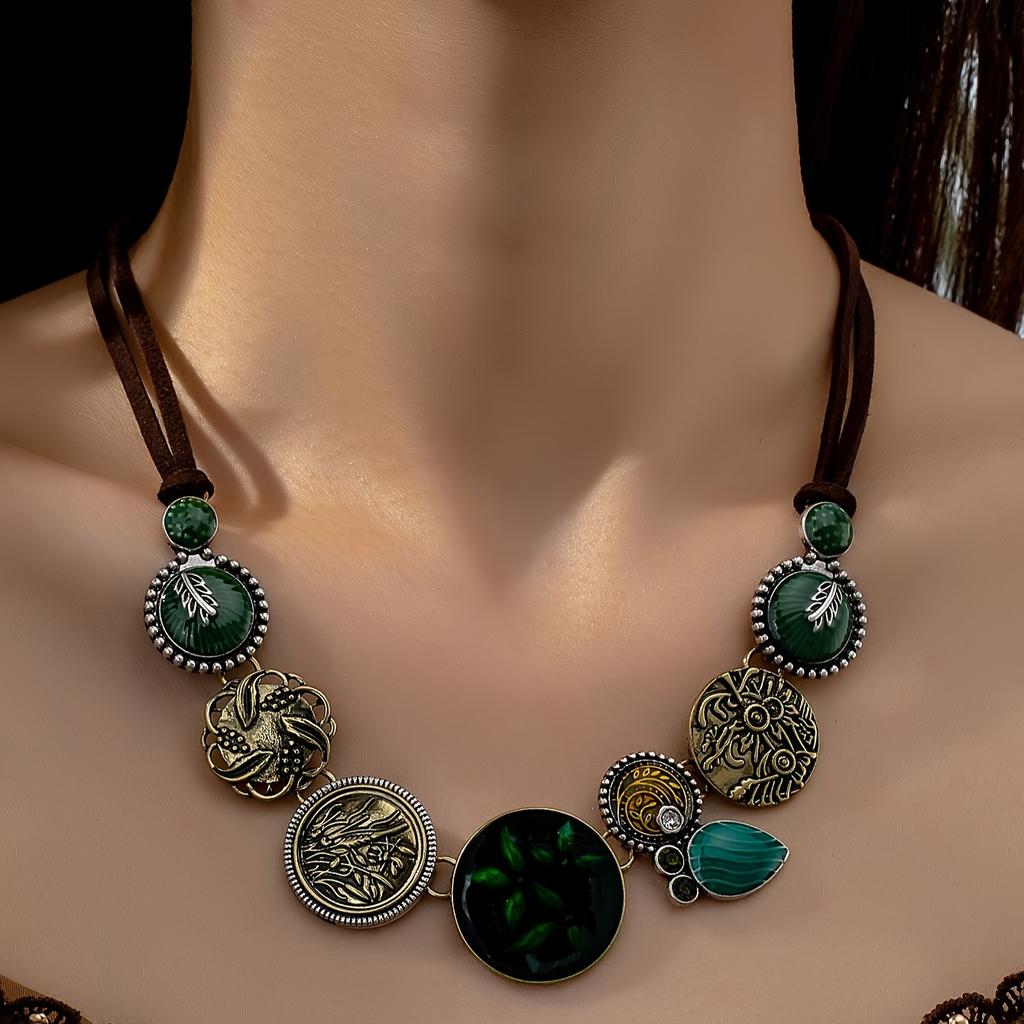 Vintage Western Bohemian Style Women's Statement Necklace With Floral Pattern And Baked Oil Detail, Luxurious And Unique