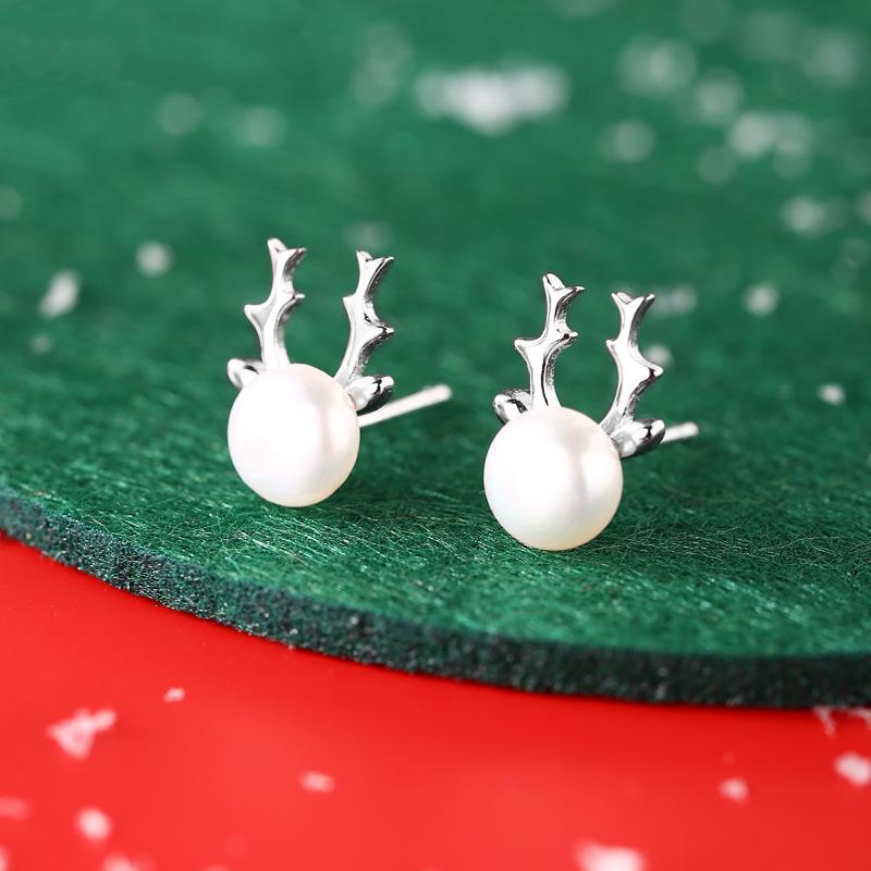 925 Sterling Silver Antler Pearl Stud Earrings - Freshwater Pearl Christmas Gift for Women