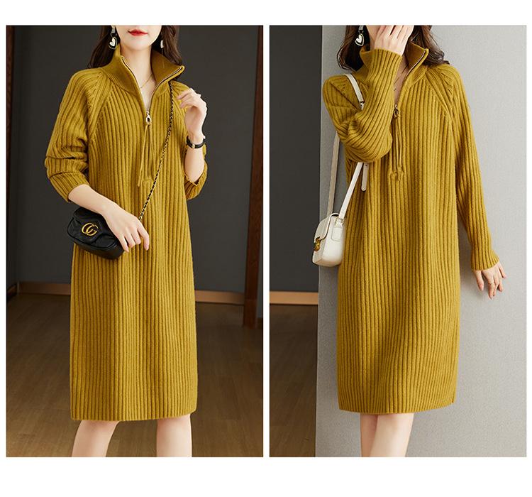 Свободный повседневный вязаный свитер средней длины с воротником-стойкой и длинными рукавами