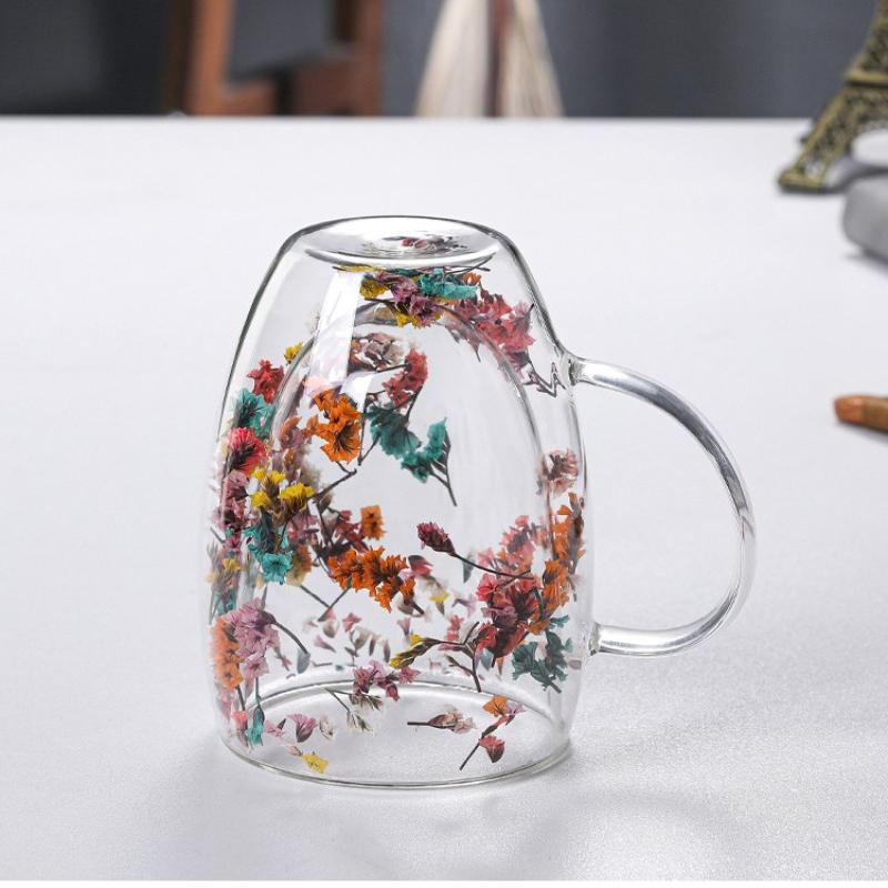 Двойная стеклянная чашка с ручкой, украшенная засушенными цветами, кофейная чашка, молочная кружка, термостойкие чайные чашки, стеклянная кружка, кухонные принадлежности