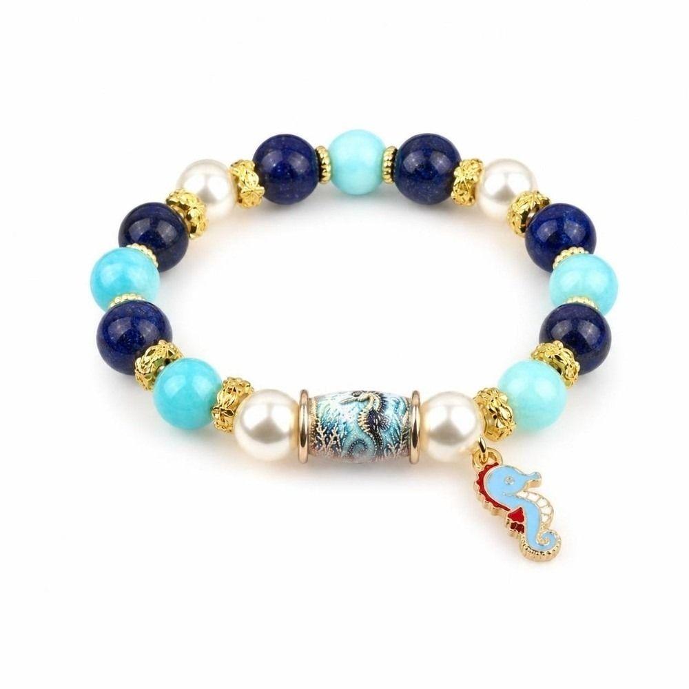 Crystal Sea Turtle Bracelet Pendant Floral Print Beaded Jewelry For Women Men