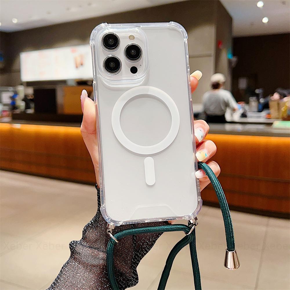 Ремешок через плечо для Magsafe, магнитный чехол с беспроводной зарядкой для iPhone 11 12 13 14 15 Pro Max X XR XS 7 8 Plus SE, прозрачный чехол