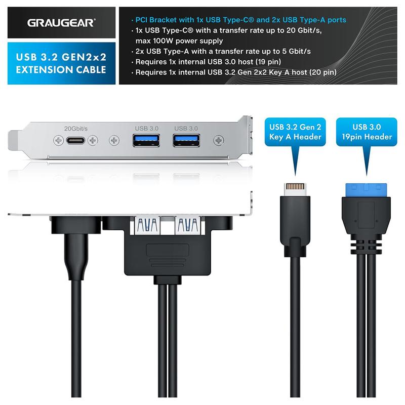 Адаптер для передней панели 20 Гбит/с USB 3.2 Gen 2x2, USB-C и USB на USB 3.2 Type-E Key-A 20-контактный и 19-контактный USB-разъемы с кронштейном PCIe