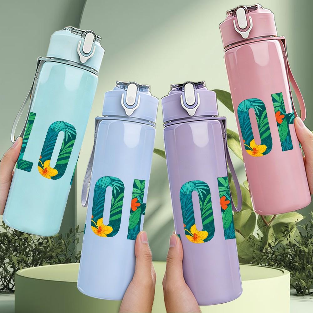 1PC Colorful ALOHA Letter Art 750ml Color Plastic Sports Water Bottle Leakproof Flip Straw Lid Suitable for Sports Office Home Use