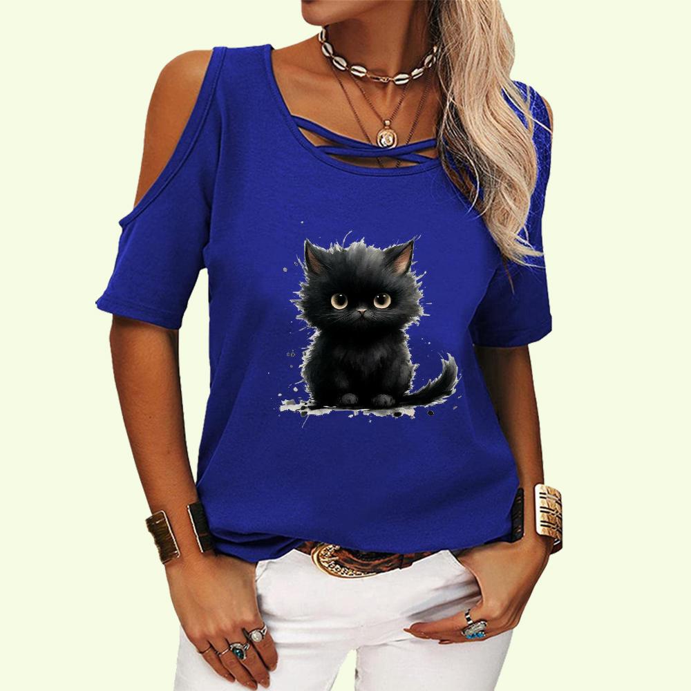 Женская модная футболка с коротким рукавом, топ с открытыми плечами, женская повседневная летняя футболка с круглым воротником и принтом кота