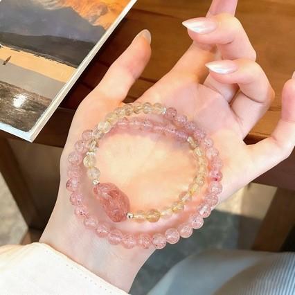 Ladies Handmade Pixiu Bracelet, Strawberry Quartz Citrine Combo, Sweet Chinese Style Travel Gift