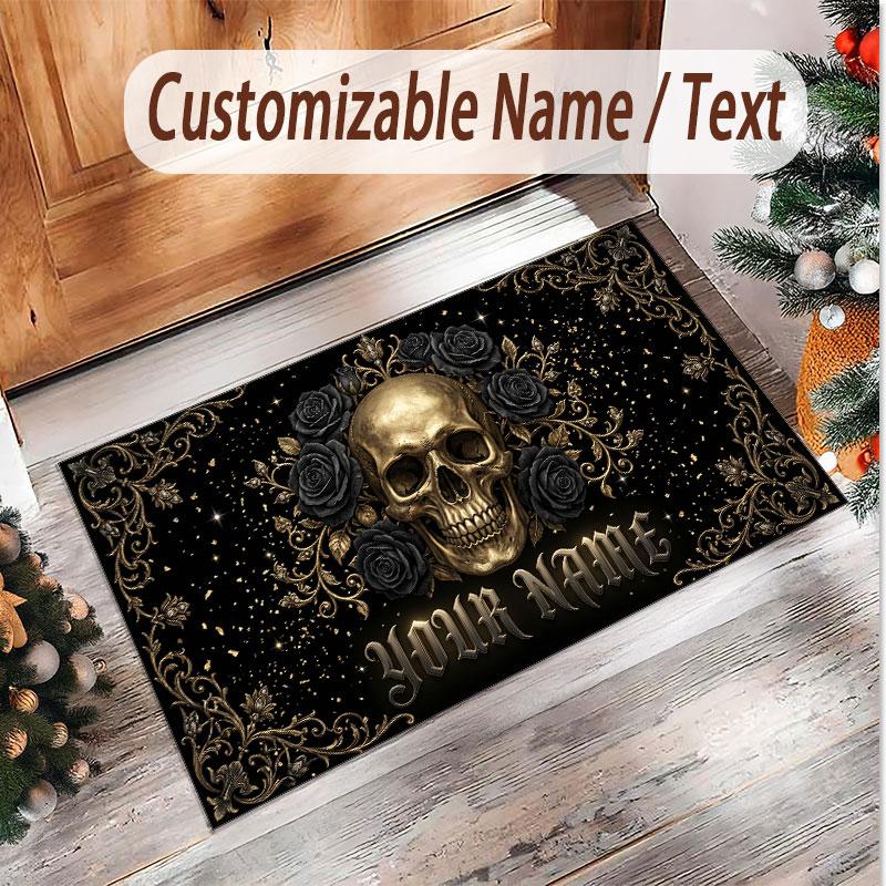 Skull Gothic Theme Soft Crystal Velvet Rug Custom Name & Text Print Non Slip Floor Rug for Bedroom Living Room