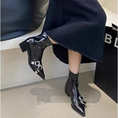 Модные женские однотонные ботинки на массивном каблуке, с острым носком, на молнии сбоку, осенние ботинки до середины икры, с пряжкой на ремне, модные повседневные, самые новые ботинки 2025 года