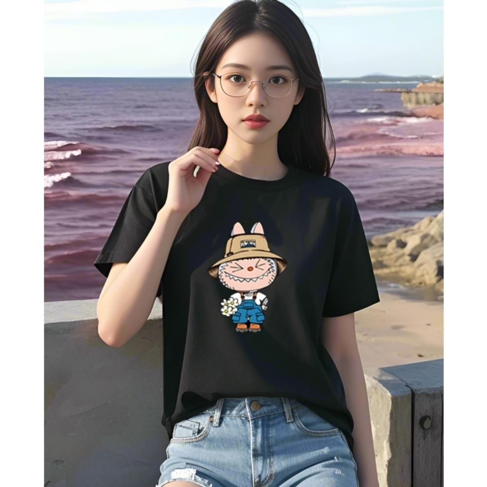 Женская футболка с круглым вырезом, коротким рукавом, повседневная, свободного кроя, с 3D-принтом LABUBU