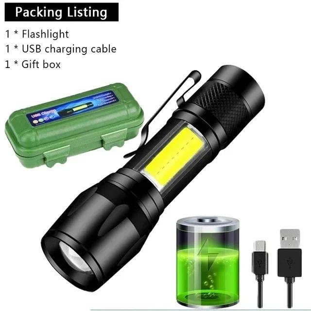Mini LED Flashlight COB+XPE Portable Torch USB Charging Camping Lantern Zoomable Focus Light Tactical Flashlight with Pen Clip